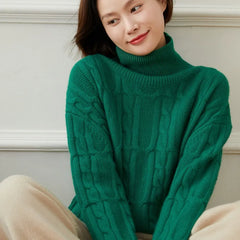 Women's Cable Knit Pullover Turtleneck Twisted Flower Sweater