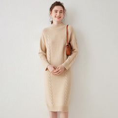 Wool Cashmere Mock Neck Casual Cable Knit Sweater Midi Dress