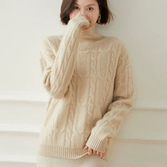 Women's Cable Knit Pullover Turtleneck Twisted Flower Sweater
