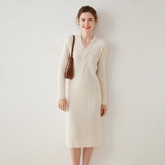 Cashmere Jumper V-Neck Twisted Striped Wool Ribbed Sweater Dress