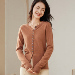 Cashmere Crew Neck Waist Slit Button-Up Cardigan Knit Sweater