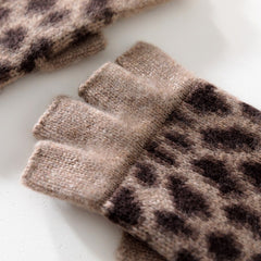 Cashmere Knit Half Finger Leopard Print Fingerless Gloves