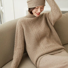 Cashmere Cable Knit Mock Neck Knitted Thicker Knit Sweater