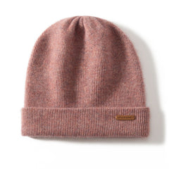 100% Cashmere Ribbed Knitted Beanie Cuffed Hat with Logo Patch