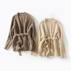 Open Front Cashmere Belted Cable Knit Wrap Tie Waist Cardigan