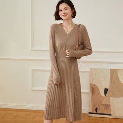 V-Neck Cashmere Knitted Dress Pullover Waist Jumpers Ribbed Skirt