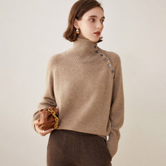 Asymmetric Button Detail Knit Cashmere Turtleneck Sweater
