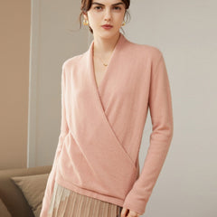 V-Neck Knit Wrap-Front Crossover Pullover Pure Cashmere Sweater