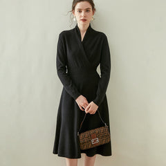 V-neck Midi A-line Cashmere Wrap-up Crossover Waist-length Dress