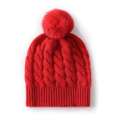 Cashmere Beanie Fur Pom  Pom Cable Knit Beanie Hat