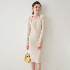 Square Neck Slim Ribbed Knit Bodycon Midi Sweater Dress