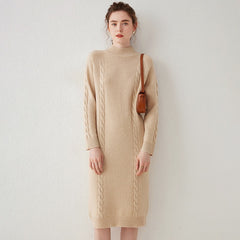 Wool Cashmere Mock Neck Casual Cable Knit Sweater Midi Dress