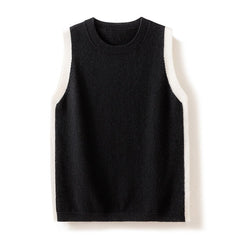 Cashmere Crew Neck Knitted Side Patchwork Pullover Sweater Vest