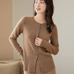 Cashmere Crew Neck Waist Slit Button-Up Cardigan Knit Sweater
