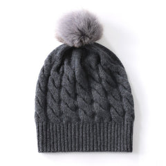 Cashmere Beanie Fur Pom  Pom Cable Knit Beanie Hat