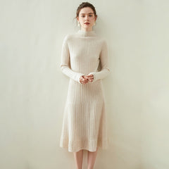 Mock Neck Ribbed Cashmere Knit Midi Dress with Flared Hem