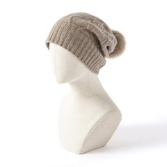 Pure Cashmere Cable Knit Beanie Hats With Fur Pom Pom Ski Cap
