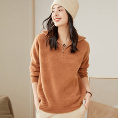 Ribbed Pullover Collar Half-Zip Turtleneck Cashmere Sweater