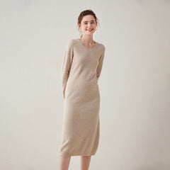 Slim V-Neck Cashmere Long Skirt Loose Knitted Midi Dress