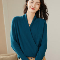 V-Neck Knitted Pullover Cashmere Wrap Sweater with Draped Front