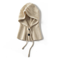 Warm Windproof Cashmere Hooded Hat Ribbed Knit Drawstring Beanie