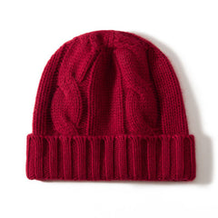 Pure Cashmere Thick Chunky Ribbed Cuff Cable Knit Beanie