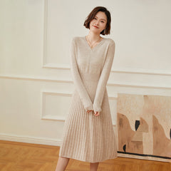 V-Neck Cashmere Knitted Dress Pullover Waist Jumpers Ribbed Skirt