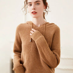 Classic Cashmere Waffle Knit Hooded Pullover Sweater Hoodie