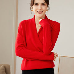 V-Neck Knit Wrap-Front Crossover Pullover Pure Cashmere Sweater