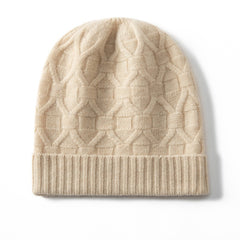 Pure Cashmere Geometric Knit Pattern with Ribbed Hem Beanie