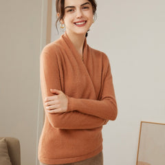 V-Neck Knit Wrap-Front Crossover Pullover Pure Cashmere Sweater