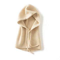 100% Cashmere Knitted Hooded Hat Scarf with Adjustable Drawstring