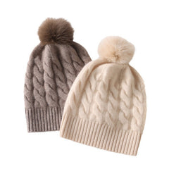 Cashmere Beanie Fur Pom  Pom Cable Knit Beanie Hat
