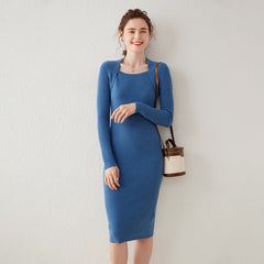 Square Neck Slim Ribbed Knit Bodycon Midi Sweater Dress