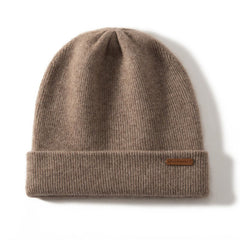 100% Cashmere Ribbed Knitted Beanie Cuffed Hat with Logo Patch