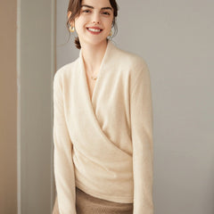 V-Neck Knit Wrap-Front Crossover Pullover Pure Cashmere Sweater