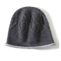 Leaf Cable Knit Pattern Reversible Pure Cashmere Beanies
