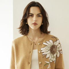 Crew Neck Floral Button-Up Embroidered Knitted Sweater Cardigan