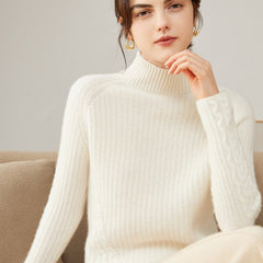 Ribbed Cashmere Mock Neck High Neck Pullover Loose Sweater