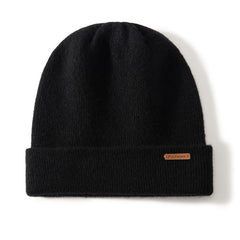 100% Cashmere Ribbed Knitted Beanie Cuffed Hat with Logo Patch