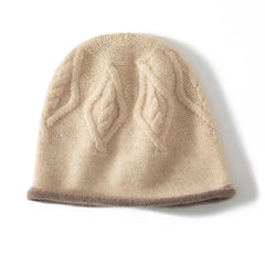 Leaf Cable Knit Pattern Reversible Pure Cashmere Beanies