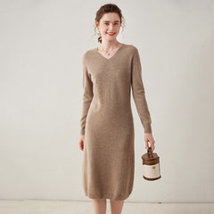 Slim V-Neck Cashmere Long Skirt Loose Knitted Midi Dress