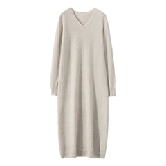 Slim V-Neck Cashmere Long Skirt Loose Knitted Midi Dress