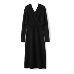 V-Neck Ribbed Cashmere Blend Dress Wrap Pullover Knit Dress
