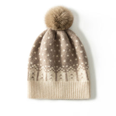 Fair Isle Cashmere Beanie with Fur Pom Pom Soft Warm Knitted Cap