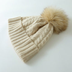 Cashmere Stretchy Cable Knit Beanie with Real Fur Pom Ski Hat
