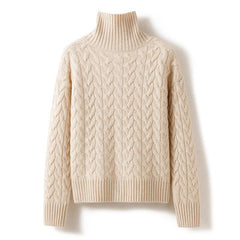 Chunky Cable Knit Cashmere Cardigan Button-Up High Neck Sweater
