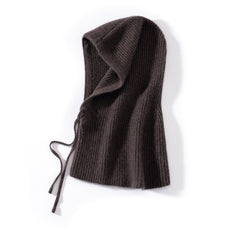 100% Cashmere Knitted Hooded Hat Scarf with Adjustable Drawstring