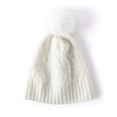 Pure Cashmere Cable Knit Beanie Hats With Fur Pom Pom Ski Cap
