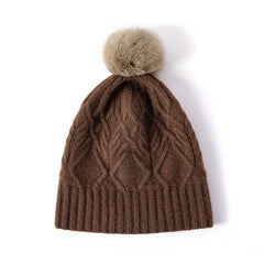 Pure Cashmere Cable Knit Beanie Hats With Fur Pom Pom Ski Cap